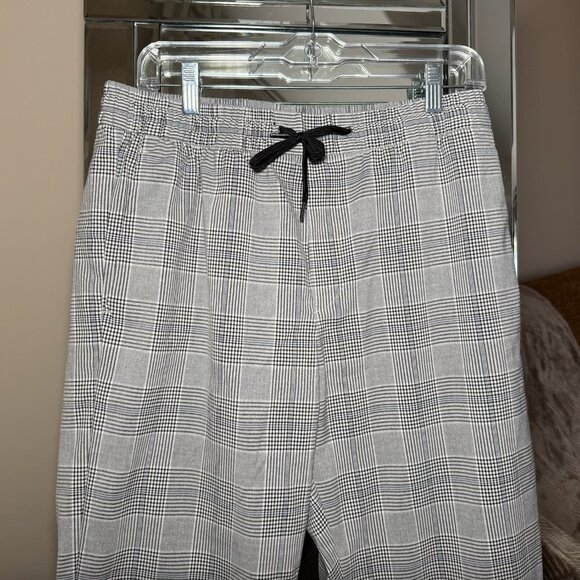H&M Plaid Pants Regular Fit Elastic Waist Straight Leg Office Medium Black Grey - Picture 2 of 7